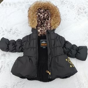 PacificTrail 6 Month Black Puffer Jacket Leopard Print Faux Fur Trimmed Hood